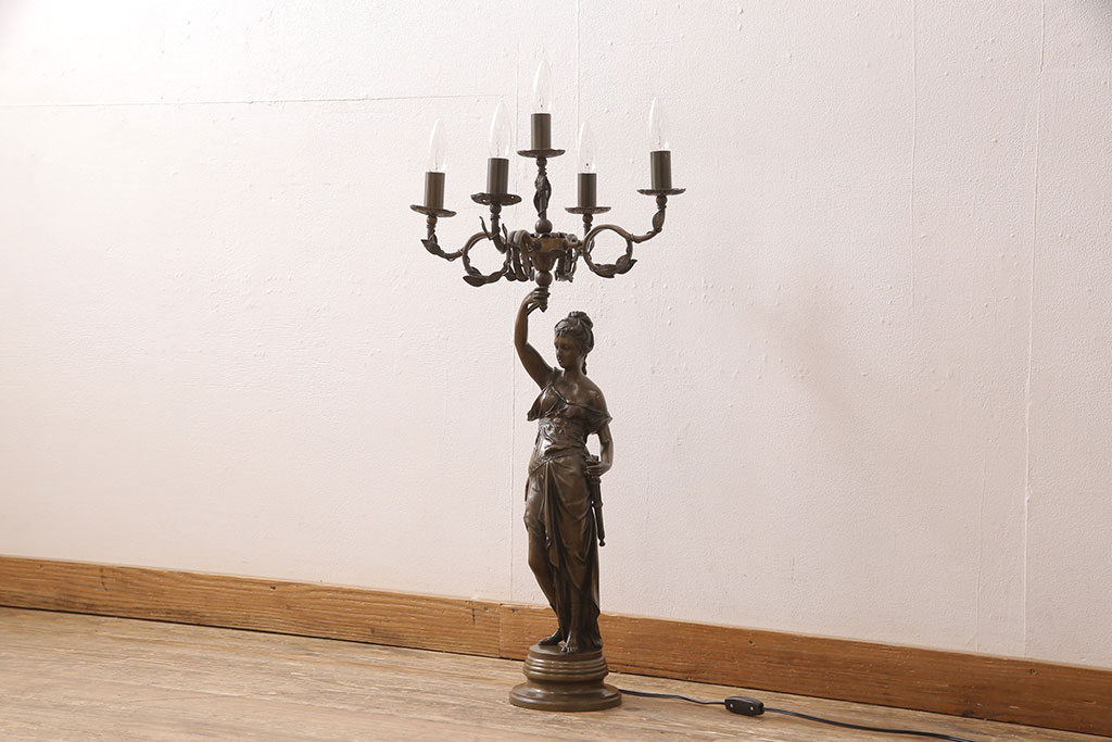 フランスビンテージ　神聖な雰囲気を漂わせるブロンズ像ランプ(西洋アンティーク照明、フロアスタンド、ヴィンテージ)(R-053345)