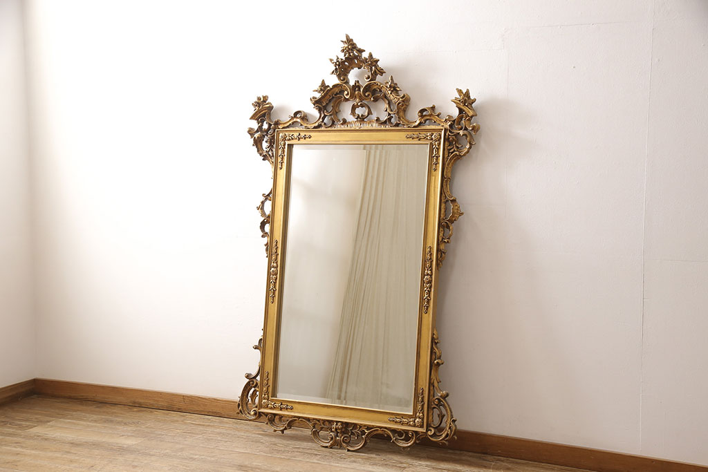 中古 極美品 イタリア超高級輸入家具 ロココ様式 大振りなサイズとゴールドの彫刻(木彫り)が存在感抜群なウォールミラー(定価約100万円)(壁掛け鏡、姿見)(R-053498)  | ラフジュ工房