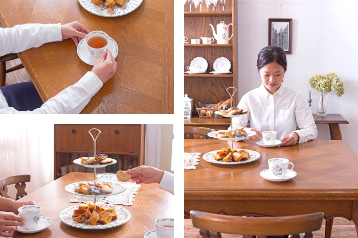 フランスアンティークのダイニングテーブル　洋食器　ミントン　ケーキスタンド　スージークーパー　ティーセット