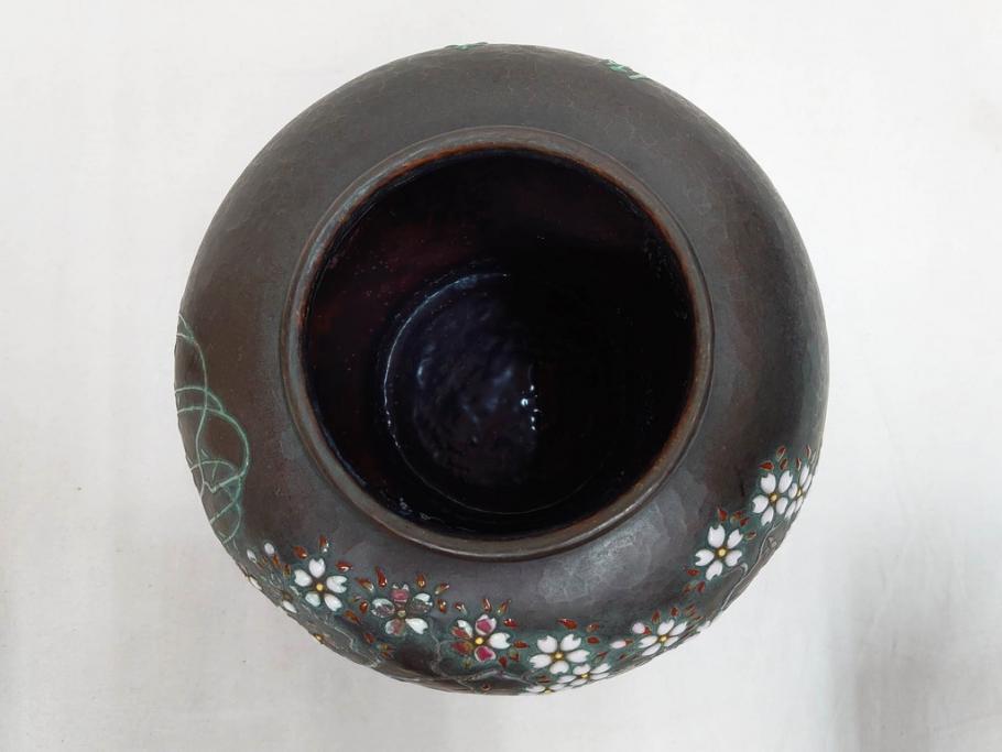 昭和七年(1932年)　帝都復興完成記念　安藤七宝店　鎚起七宝花瓶　都の春(花入、花器、桜、台座付き、共箱付き)(R-073830)