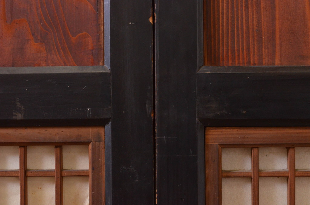 アンティーク建具　和の情緒を演出する障子帯戸4枚セット(引き戸、板戸、格子帯戸、障子戸)(R-072528)