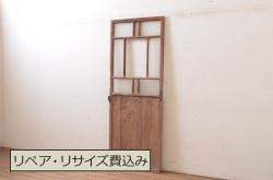 【オーダー建具実例】過去のオーダー建具を参考にサイズ縮小し、片引き戸3枚を再現製作。平型戸車、引き手を取り付け、当店オリジナルの花菱模様ガラス、すりガラス、色ガラスをご希望の箇所へ組み入れました。濃い茶色の着色で仕上げ、大正ロマンな雰囲気に。(ガラス戸、建具)