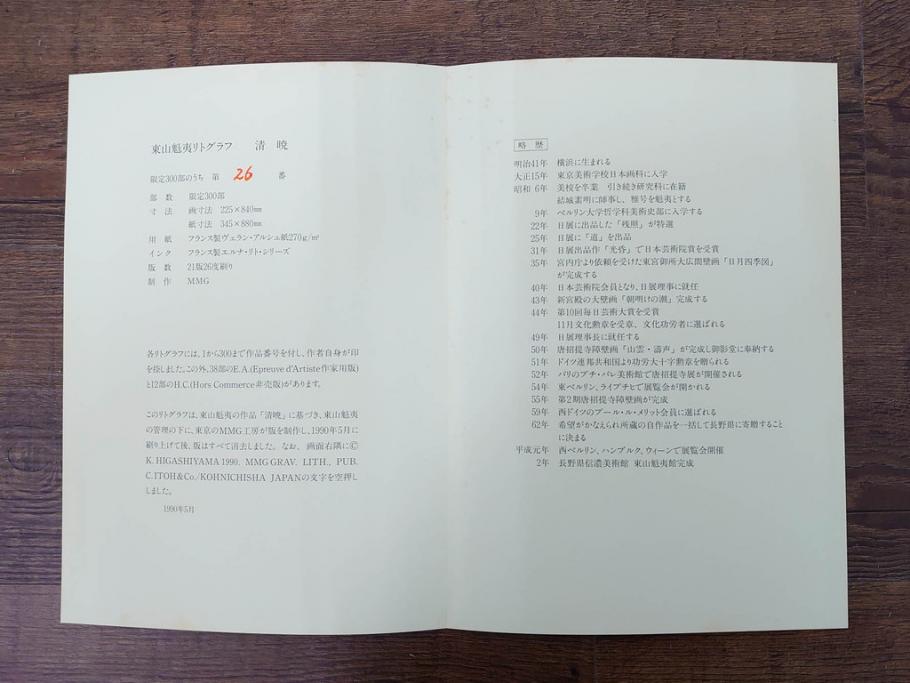 真作　1990年　東山魁夷　「清暁」　限定300部のうち第26番　心が澄み渡るような色彩が美しいリトグラフ(絵画、風景画、山、湖、樹木、花、版画、壁掛け、額装、タトウ箱付き、発行証付き、落款印、共シール、黄袋付き、外箱付き)(R-079454)