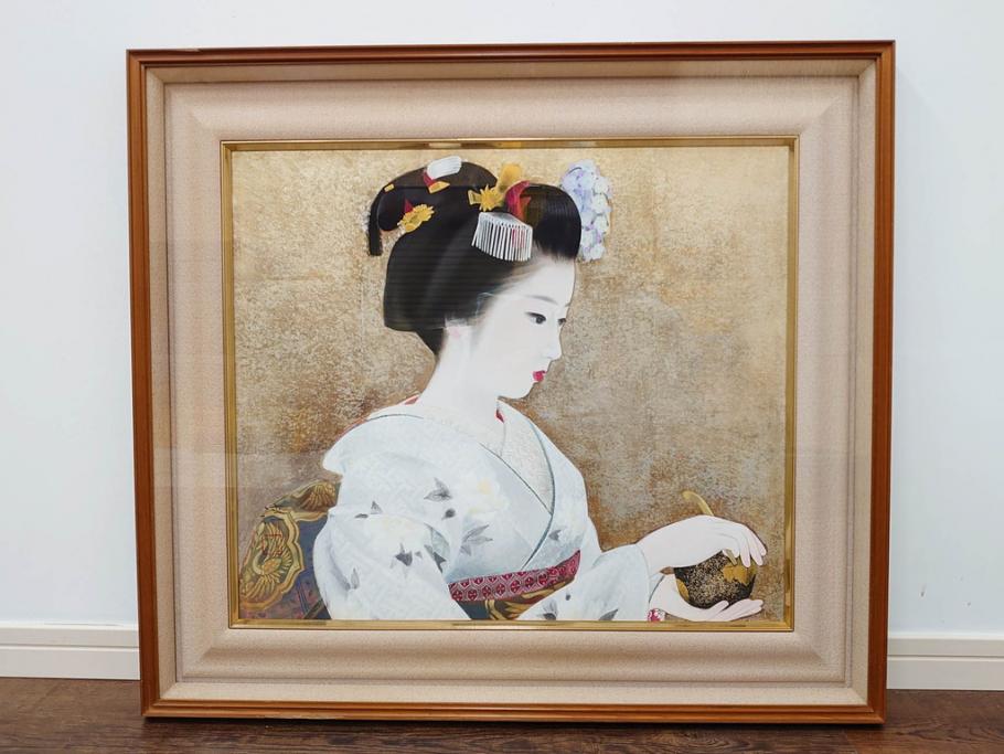 真作　中尾淳　「舞妓」　F10(10号)　絵画(日本画、女性、人物、着物、共シール、サイン付き、落款印、肉筆、額装、共箱付き)(R-079455)
