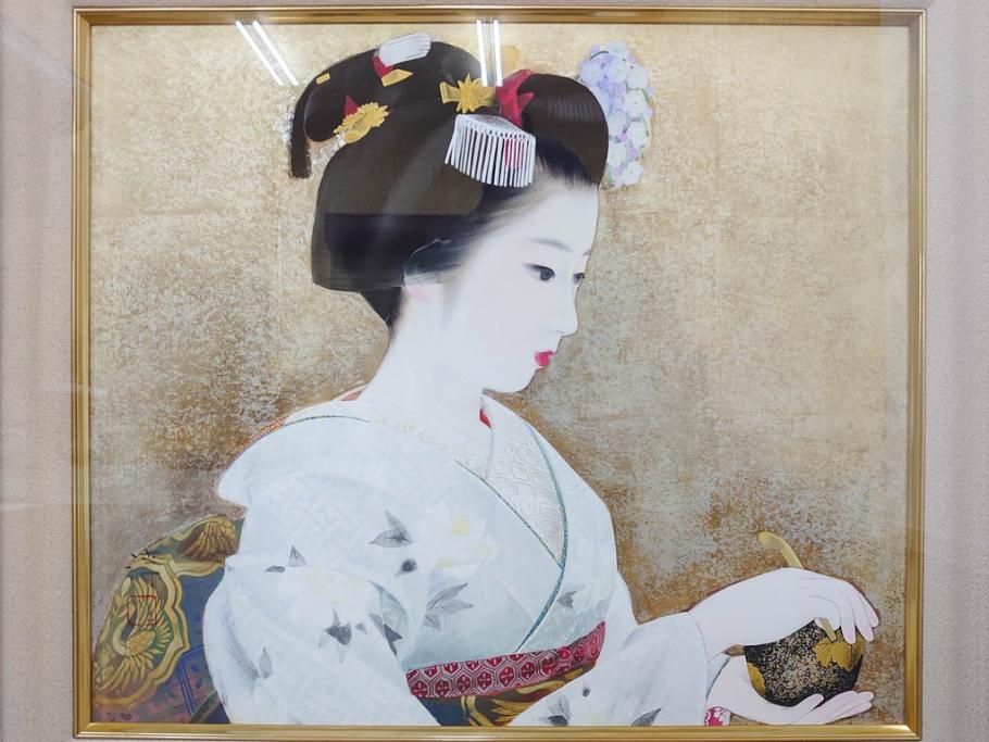 真作　中尾淳　「舞妓」　F10(10号)　絵画(日本画、女性、人物、着物、共シール、サイン付き、落款印、肉筆、額装、共箱付き)(R-079455)