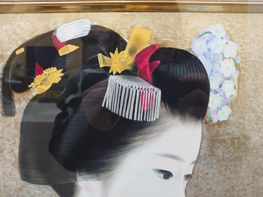 真作　中尾淳　「舞妓」　F10(10号)　絵画(日本画、女性、人物、着物、共シール、サイン付き、落款印、肉筆、額装、共箱付き)(R-079455)