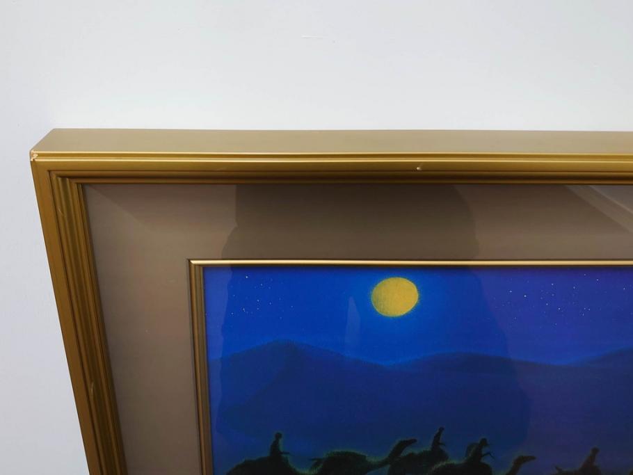 複製画　平山郁夫　「月光流砂行」　限定1200部　112/1200　絵画(日本画、岩絵具方式、複製、砂漠、ラクダ、夜、風景、シルクロード、隊商、キャラバン、額装、落款印、黄袋付き、共箱付き)(R-079456)