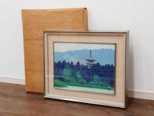 真作　竹内未明　「西ノ京」　P8号(8号)　日本画(絵画、塔、風景、サイン付き、落款印、共シール、岡崎清光堂、肉筆、額装、外箱付き)(R-079458)