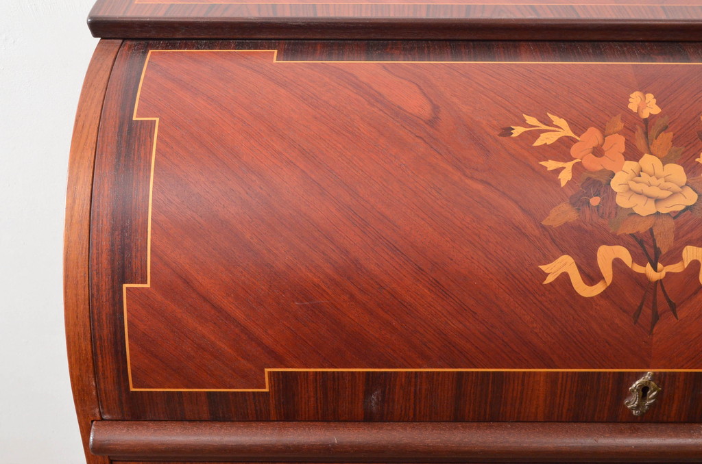 中古　美品　象嵌(マーケットリー)　珍しいシリンダートップのライティングビューロー(ワークデスク、簿記机、引き出し、在宅用、在宅ワーク用)(R-074029)