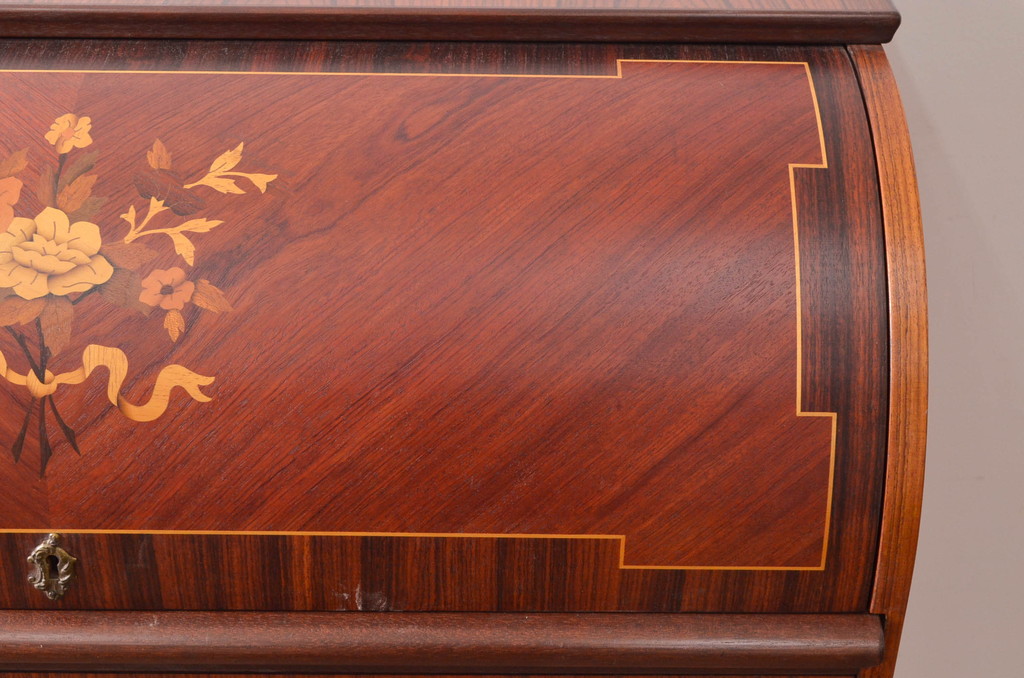 中古　美品　象嵌(マーケットリー)　珍しいシリンダートップのライティングビューロー(ワークデスク、簿記机、引き出し、在宅用、在宅ワーク用)(R-074029)