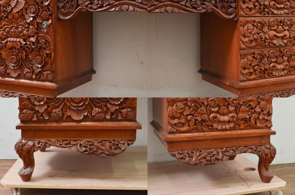 中古　アジア民芸家具　大迫力!!　チーク材　全面彫刻が煌びやかな最高級ドレッサーセット(化粧台、鏡台、ミラー、バロン、Barong)(R-077860)