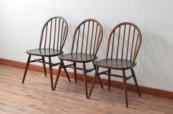 イギリスビンテージ　ERCOL(アーコール)　落ち着いた色味とシンプルなデザインが魅力的なフープバックチェア3脚セット(ダイニングチェア、ウィンザーチェア、ウインザーチェア、ワークチェア、板座チェア、椅子、イス、ヴィンテージ、英国、北欧)(R-077612)