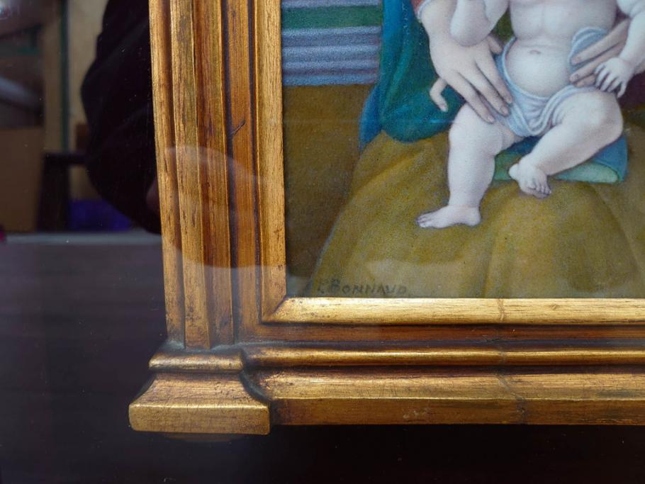 真作　アンティーク　19世紀中頃　フランス　LIMOGES(リモージュ)　「エマイユ 母子文額」　心が癒されるボナー画(陶画、七宝、P.BONNAUD、聖母、親子、キリスト教美術、黄袋付き、外箱付き)(R-079481)