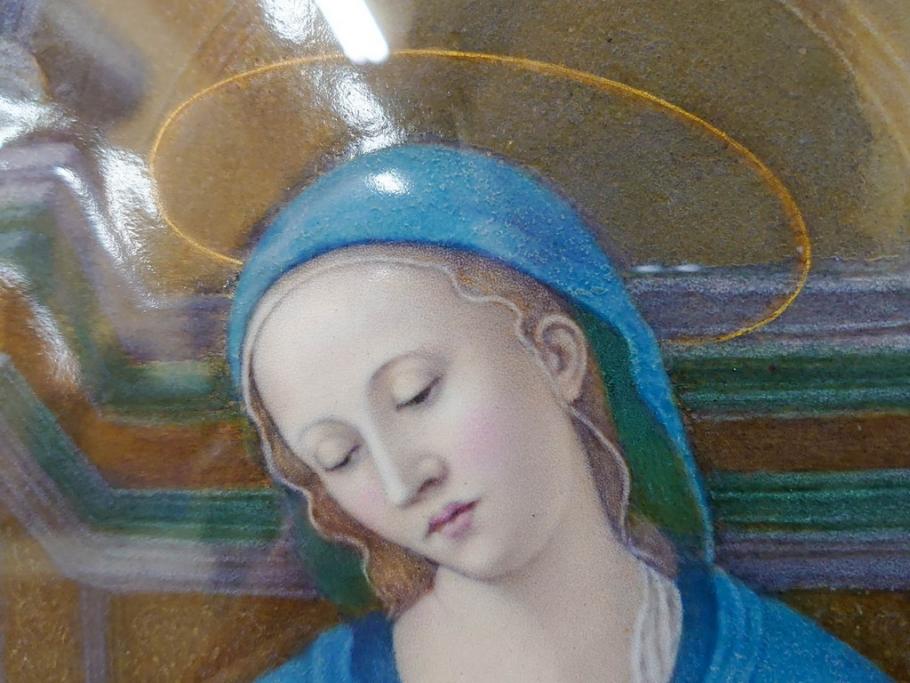 真作　アンティーク　19世紀中頃　フランス　LIMOGES(リモージュ)　「エマイユ 母子文額」　心が癒されるボナー画(陶画、七宝、P.BONNAUD、聖母、親子、キリスト教美術、黄袋付き、外箱付き)(R-079481)