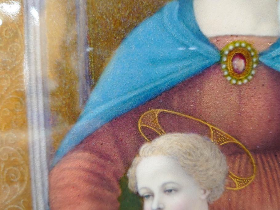 真作　アンティーク　19世紀中頃　フランス　LIMOGES(リモージュ)　「エマイユ 母子文額」　心が癒されるボナー画(陶画、七宝、P.BONNAUD、聖母、親子、キリスト教美術、黄袋付き、外箱付き)(R-079481)
