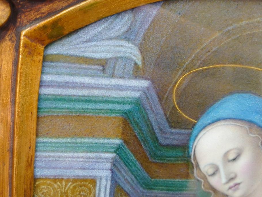 真作　アンティーク　19世紀中頃　フランス　LIMOGES(リモージュ)　「エマイユ 母子文額」　心が癒されるボナー画(陶画、七宝、P.BONNAUD、聖母、親子、キリスト教美術、黄袋付き、外箱付き)(R-079481)
