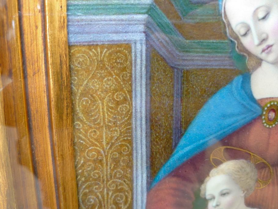 真作　アンティーク　19世紀中頃　フランス　LIMOGES(リモージュ)　「エマイユ 母子文額」　心が癒されるボナー画(陶画、七宝、P.BONNAUD、聖母、親子、キリスト教美術、黄袋付き、外箱付き)(R-079481)