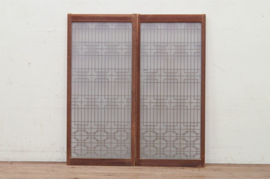アンティーク建具　片面ガラス　アジアンテイストの空間づくりにも活躍する組子入り書院戸2枚セット(窓、ガラス戸、引き戸)(R-072137)