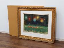 真作　山下清　「長岡の花火」　32/300　緻密なデザインが目を引くリトグラフ(版画、落款印、風景画、壁掛け、額装、外箱付き)(R-079482)　