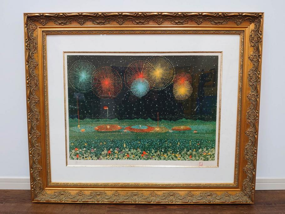 真作　山下清　「長岡の花火」　32/300　緻密なデザインが目を引くリトグラフ(版画、落款印、風景画、壁掛け、額装、外箱付き)(R-079482)　