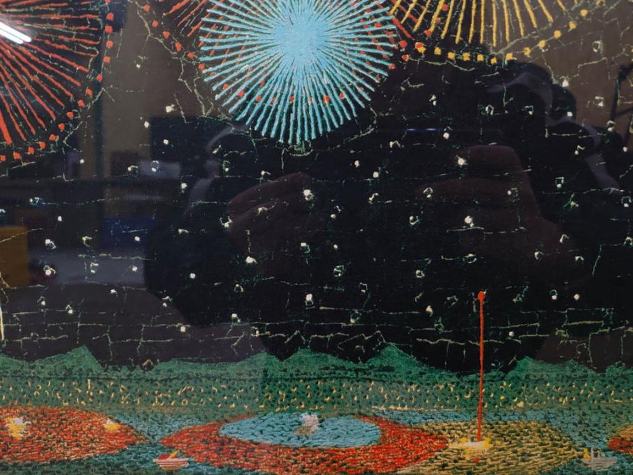 真作　山下清　「長岡の花火」　32/300　緻密なデザインが目を引くリトグラフ(版画、落款印、風景画、壁掛け、額装、外箱付き)(R-079482)　