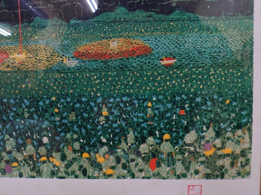 真作　山下清　「長岡の花火」　32/300　緻密なデザインが目を引くリトグラフ(版画、落款印、風景画、壁掛け、額装、外箱付き)(R-079482)　