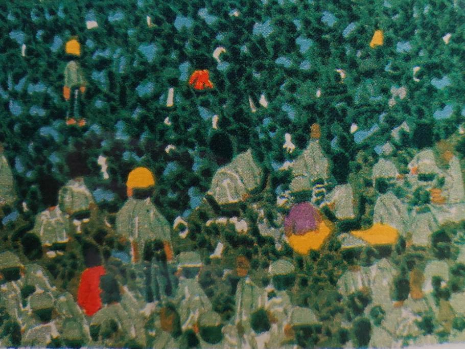 真作　山下清　「長岡の花火」　32/300　緻密なデザインが目を引くリトグラフ(版画、落款印、風景画、壁掛け、額装、外箱付き)(R-079482)　
