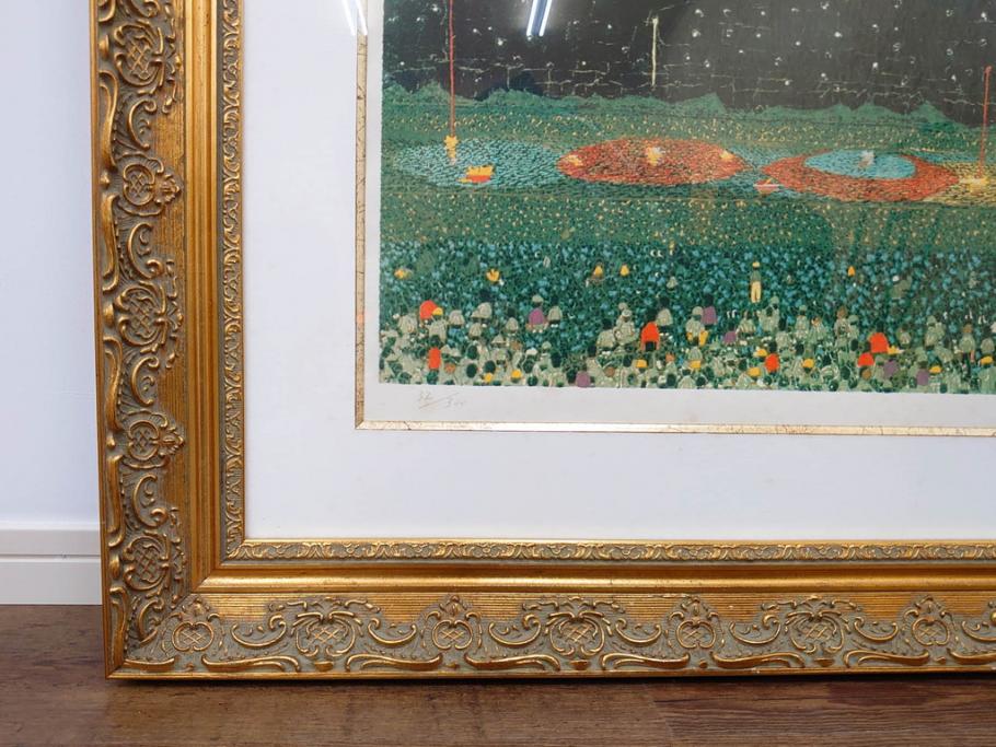 真作　山下清　「長岡の花火」　32/300　緻密なデザインが目を引くリトグラフ(版画、落款印、風景画、壁掛け、額装、外箱付き)(R-079482)　