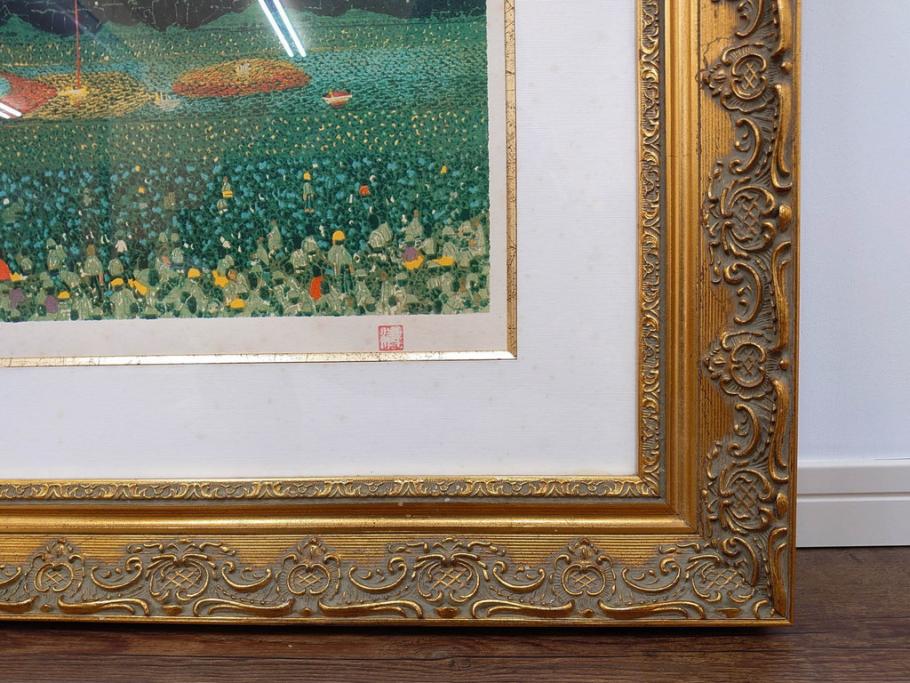 真作　山下清　「長岡の花火」　32/300　緻密なデザインが目を引くリトグラフ(版画、落款印、風景画、壁掛け、額装、外箱付き)(R-079482)　