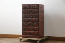 中古　美品　民芸家具　日光彫り　松竹梅の彫刻をあしらった朱塗りの小引き出し(小物収納、ドロワー、サイドチェスト)(R-079025)