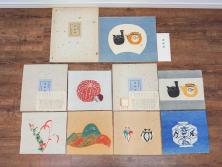 真作　人間国宝　芹沢銈介　型絵染　様々な匠の創造性に触れられる版画7枚セット(絵画、うちわ絵、益子土瓶図、風景画、野菜、山、植物、諸国民芸、株式会社たくみ、記念品、落款印、ケース付き)(R-079476)