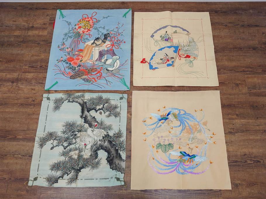 大正～昭和初期　正絹　色々な用途に応じられる掛袱紗4セット(古布、リメイク、金糸、刺繍、花、菊、和柄、扇、松、ツル、カメ、亀、桐、鳳凰、古裂、服紗、フクサ、ふくさ、帛紗、房付き)(R-079479)
