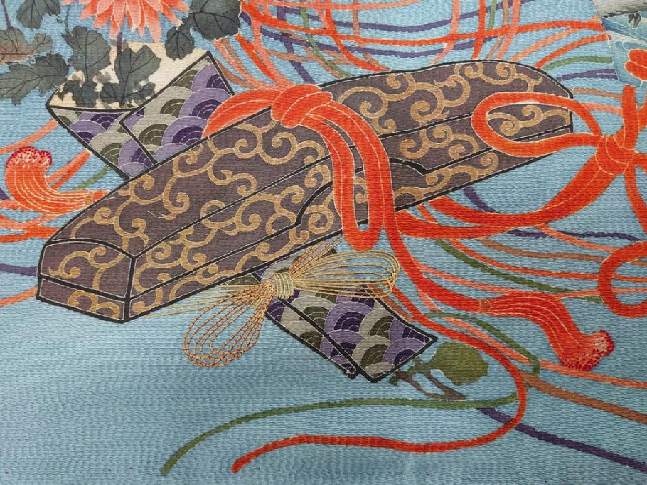 大正～昭和初期　正絹　色々な用途に応じられる掛袱紗4セット(古布、リメイク、金糸、刺繍、花、菊、和柄、扇、松、ツル、カメ、亀、桐、鳳凰、古裂、服紗、フクサ、ふくさ、帛紗、房付き)(R-079479)