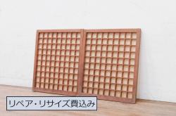 和製アンティーク　ヒノキ材　当店オリジナルガラス入り　昭和レトロな幅狭サイズのガラス戸2枚セット(建具、ガラス戸)