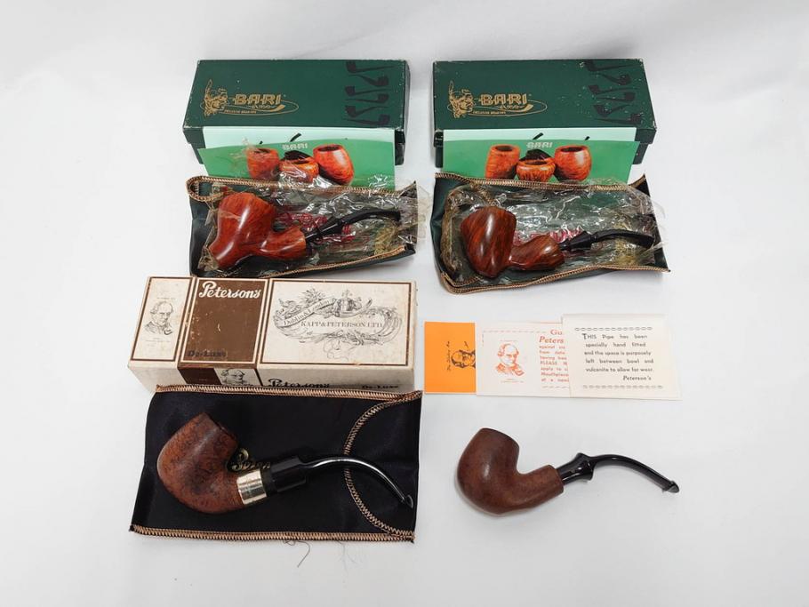 アイルランド　PETERSON’S(ピーターソン)　STERLING SILVER(スターリング シルバー)/デンマーク　BARI(バリ)　素材を生かしたデザインが持ち味のパイプ煙草4点セット(タバコ、木製、 喫煙具、煙草、煙管、キセル、箱付き、袋付き、北欧)(R-079513)
