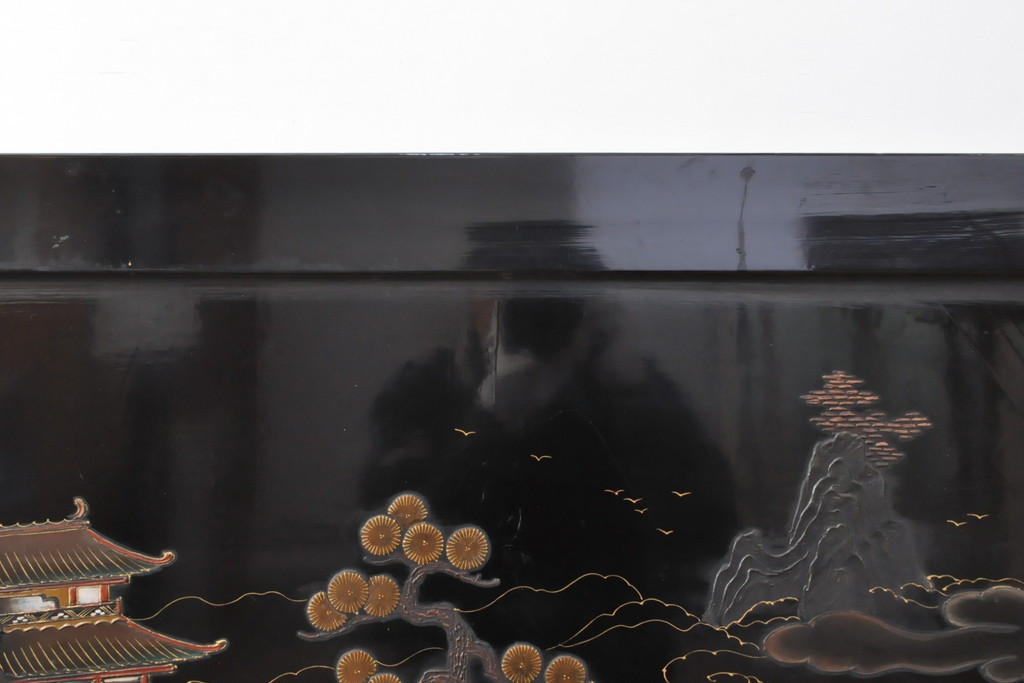  アジアンアンティーク　中国　総漆塗り　漆絵　蒔絵　衝立て(パーテーション、つい立て)(R-055355)