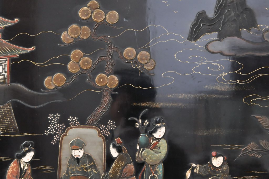  アジアンアンティーク　中国　総漆塗り　漆絵　蒔絵　衝立て(パーテーション、つい立て)(R-055355)