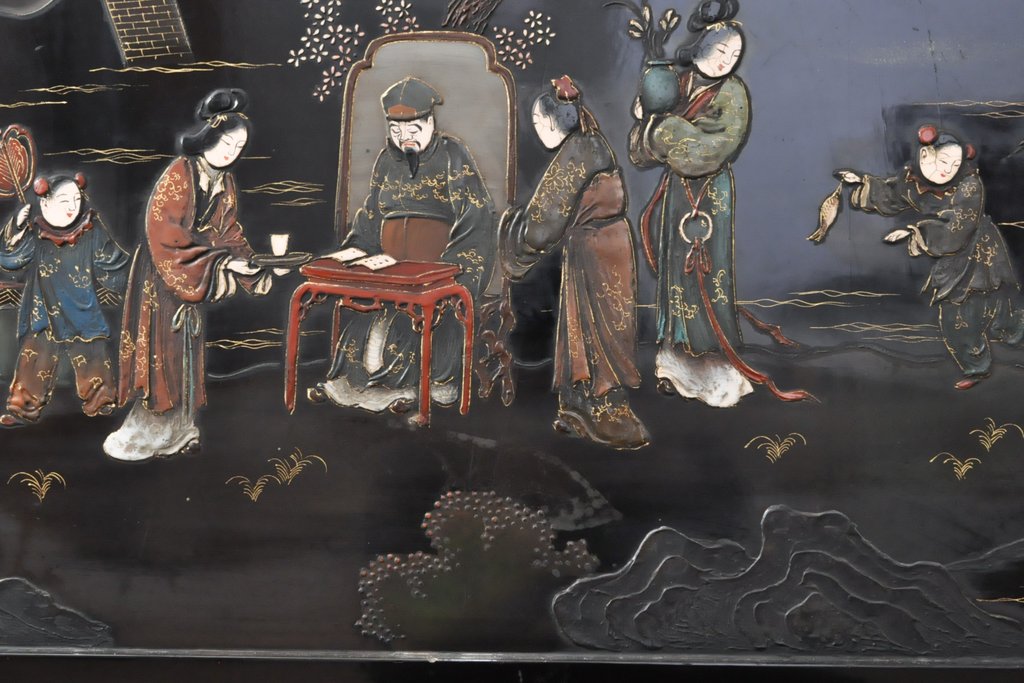 アジアンアンティーク 中国 総漆塗り 漆絵 蒔絵 衝立てパーテーション