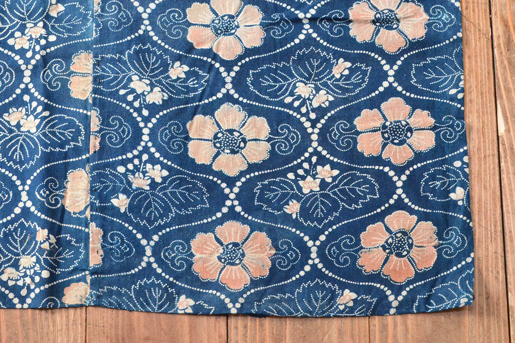 明治期　赤入り藍型染木綿古布(布団皮、藍染)(R-052916)