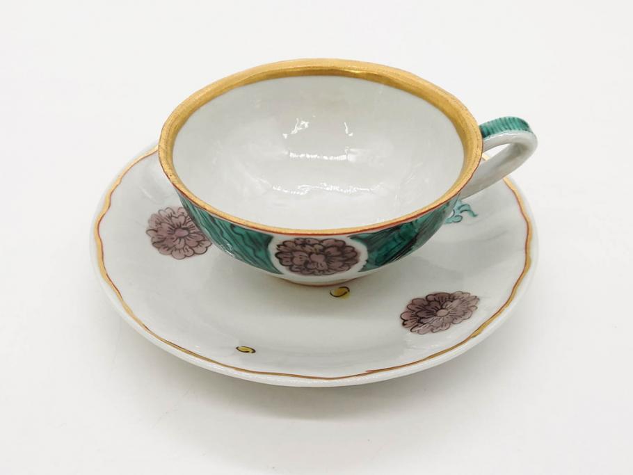 正木春蔵　九谷焼　色絵　染付　上品な花のデザインが魅力のカップ&ソーサー5客セット(金彩、フラワー、植物、C&S、碗皿、洋食器、裏印)(R-079516)