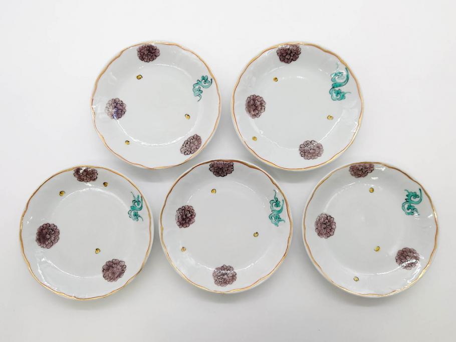 正木春蔵　九谷焼　色絵　染付　上品な花のデザインが魅力のカップ&ソーサー5客セット(金彩、フラワー、植物、C&S、碗皿、洋食器、裏印)(R-079516)