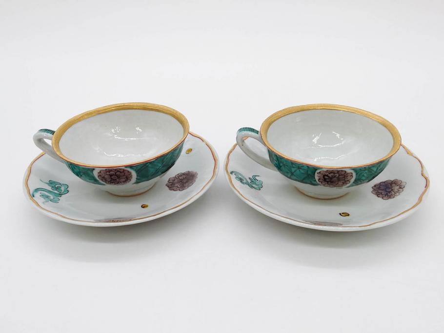 正木春蔵　九谷焼　色絵　染付　上品な花のデザインが魅力のカップ&ソーサー5客セット(金彩、フラワー、植物、C&S、碗皿、洋食器、裏印)(R-079516)