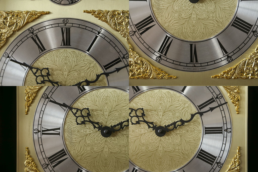 和製ビンテージ　未使用　展示品!!　ドイツ　Hermle(ヘルムレ)社製の時計付き(分銅式　振り子付き)　縞黒檀(シマコクタン)　螺鈿(ラデン)　象嵌入り　細やかな装飾が美しいホールクロック(時計台、振り子時計、ヴィンテージ)(R-076262)