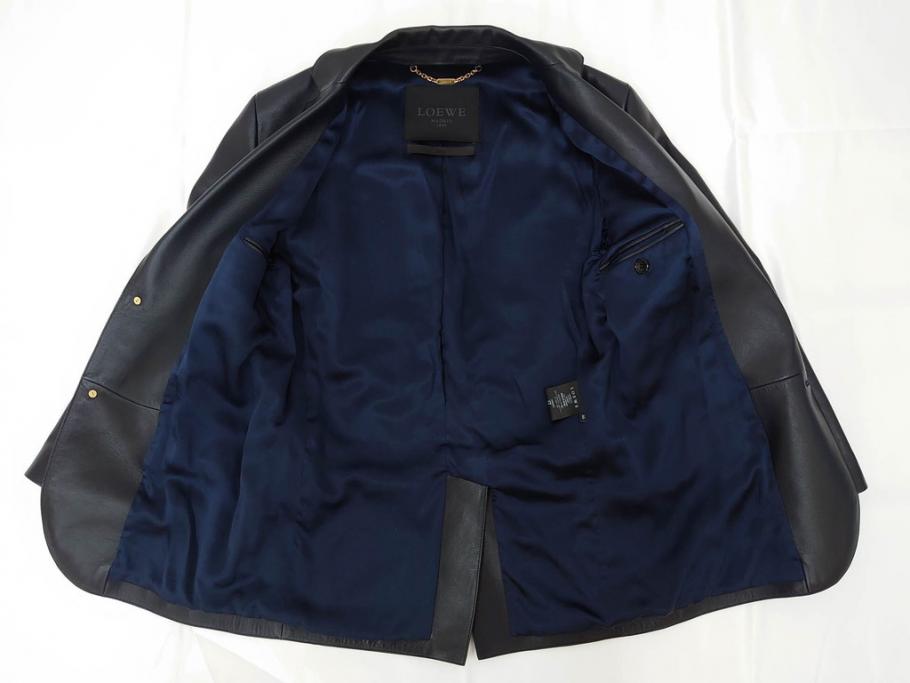 スペイン　LOEWE(ロエベ)　羊革　サイズ46　ラムレザージャケット(シープスキン、アウター、メンズ、男性、黒、ブラック、皮製品、裏地付き)(R-079598)