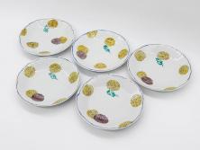 正木春蔵　九谷焼　染付　約19cm　6.2寸　食卓を明るく彩る中皿5枚セット(菊、花、和皿、和食器、なます皿、裏印、六寸二分)(R-079517)