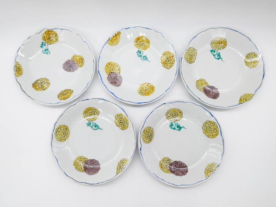 正木春蔵　九谷焼　染付　約19cm　6.2寸　食卓を明るく彩る中皿5枚セット(菊、花、和皿、和食器、なます皿、裏印、六寸二分)(R-079517)