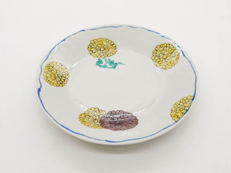 正木春蔵　九谷焼　染付　約19cm　6.2寸　食卓を明るく彩る中皿5枚セット(菊、花、和皿、和食器、なます皿、裏印、六寸二分)(R-079517)