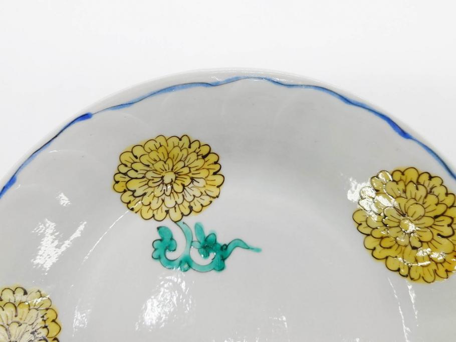 正木春蔵　九谷焼　染付　約19cm　6.2寸　食卓を明るく彩る中皿5枚セット(菊、花、和皿、和食器、なます皿、裏印、六寸二分)(R-079517)