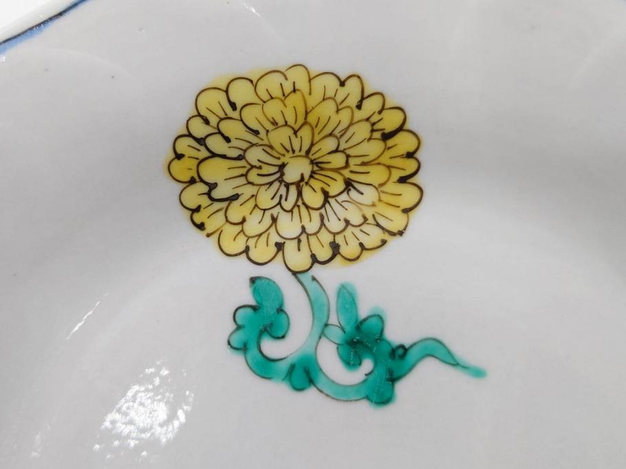 正木春蔵　九谷焼　染付　約19cm　6.2寸　食卓を明るく彩る中皿5枚セット(菊、花、和皿、和食器、なます皿、裏印、六寸二分)(R-079517)