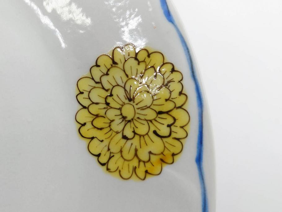 正木春蔵　九谷焼　染付　約19cm　6.2寸　食卓を明るく彩る中皿5枚セット(菊、花、和皿、和食器、なます皿、裏印、六寸二分)(R-079517)